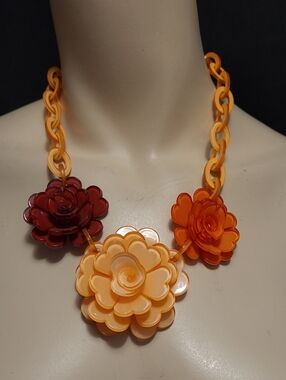 Floral Statement Necklace in Orange, Amber & Burgundy - Designer